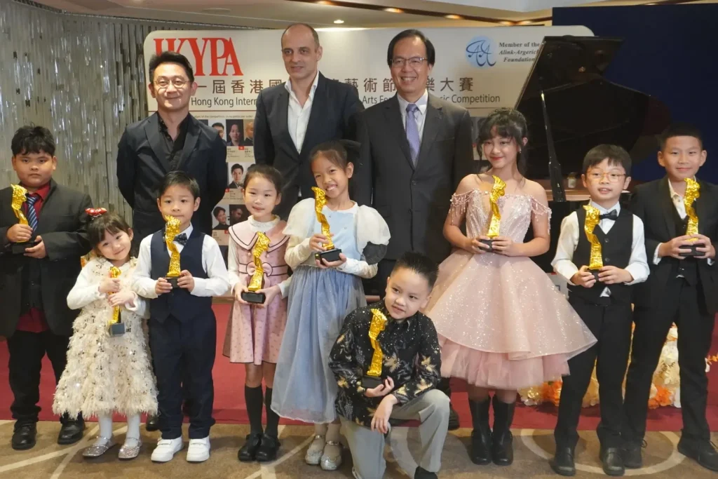 photo of young performers (5-8 group age) of Hong Kong International Youth Performing Arts Festival final round February 2024, with Hkypa organizers